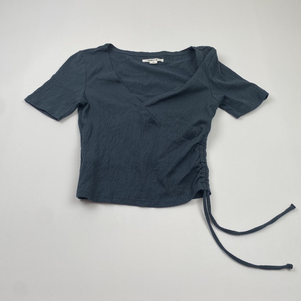 O'Neill Shirt Womens XS Blue V Neck Crinkle Knit Side Tie Ruched Cropped Top